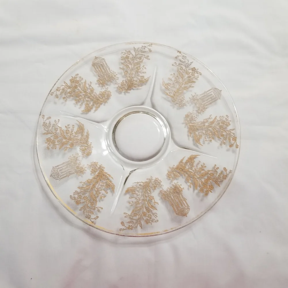 VTG 30's Paden City Glass Gazebo W Gold Etch Glass Round Platter 10.5